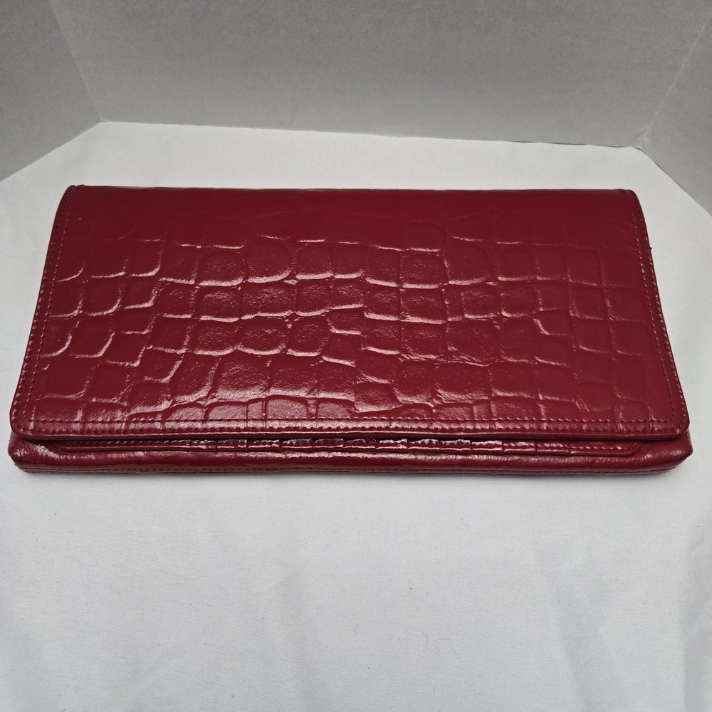 Nordstrom Embossed Croc Leather Billfold Wallet Pocketbook Red Large Mob Wives